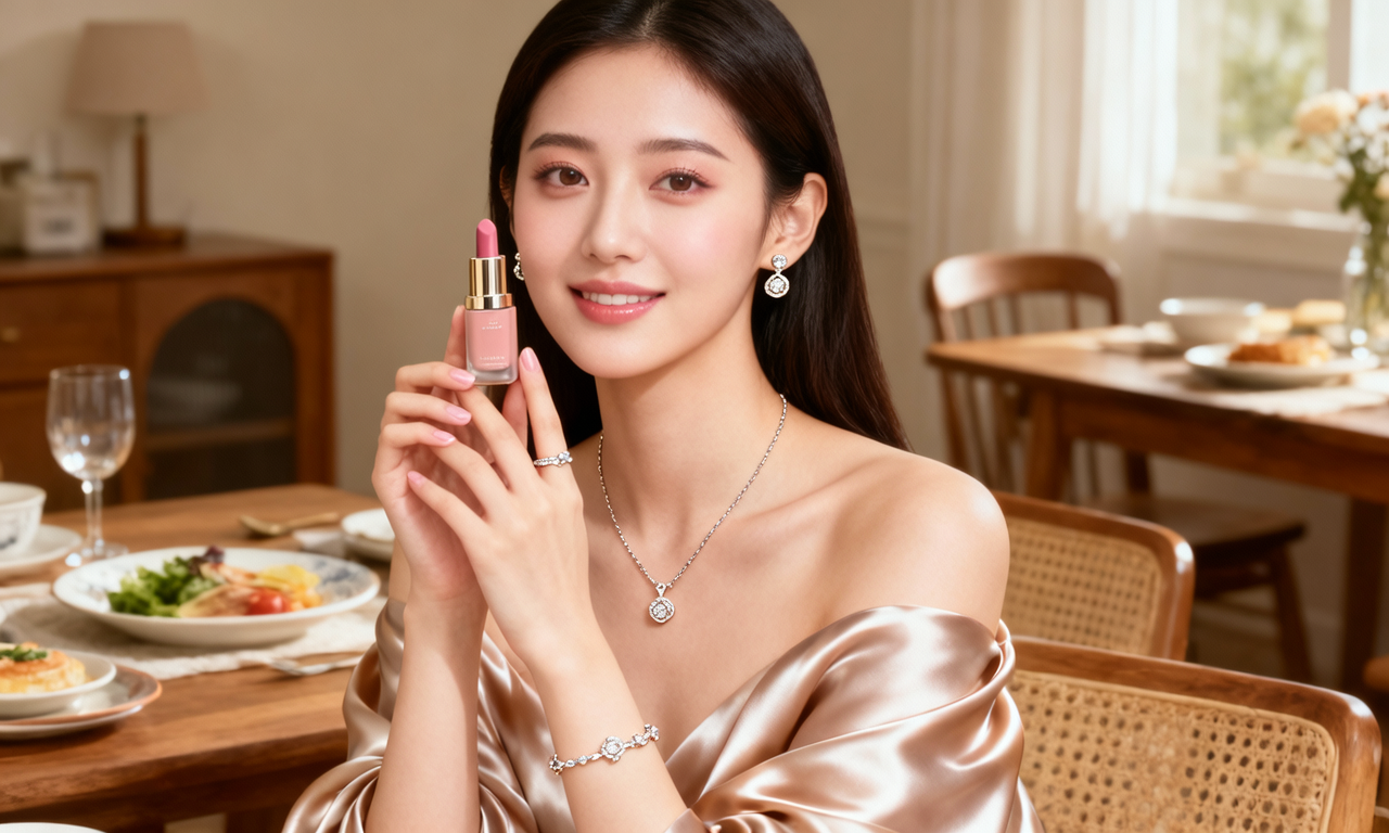 生活瞬间，美女，韩系美女，丝绸，美妆广告，家庭餐桌，4K超清，写实风格，温馨，柔和室内光，皮肤细腻，项链，耳环，手链。