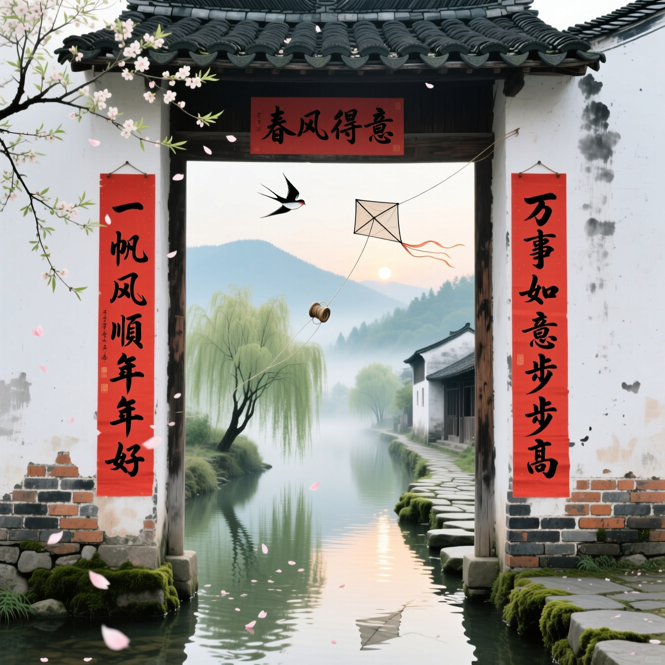 门前溪水潺潺，檐下春风款款。
左联：一帆风顺年年好  右联：万事如意步步高  横批：春风得意 墨染红笺，字若流云；青瓦白墙间，岁月静好。不争喧哗，自有清欢——心随流水去，梦逐纸鸢高。